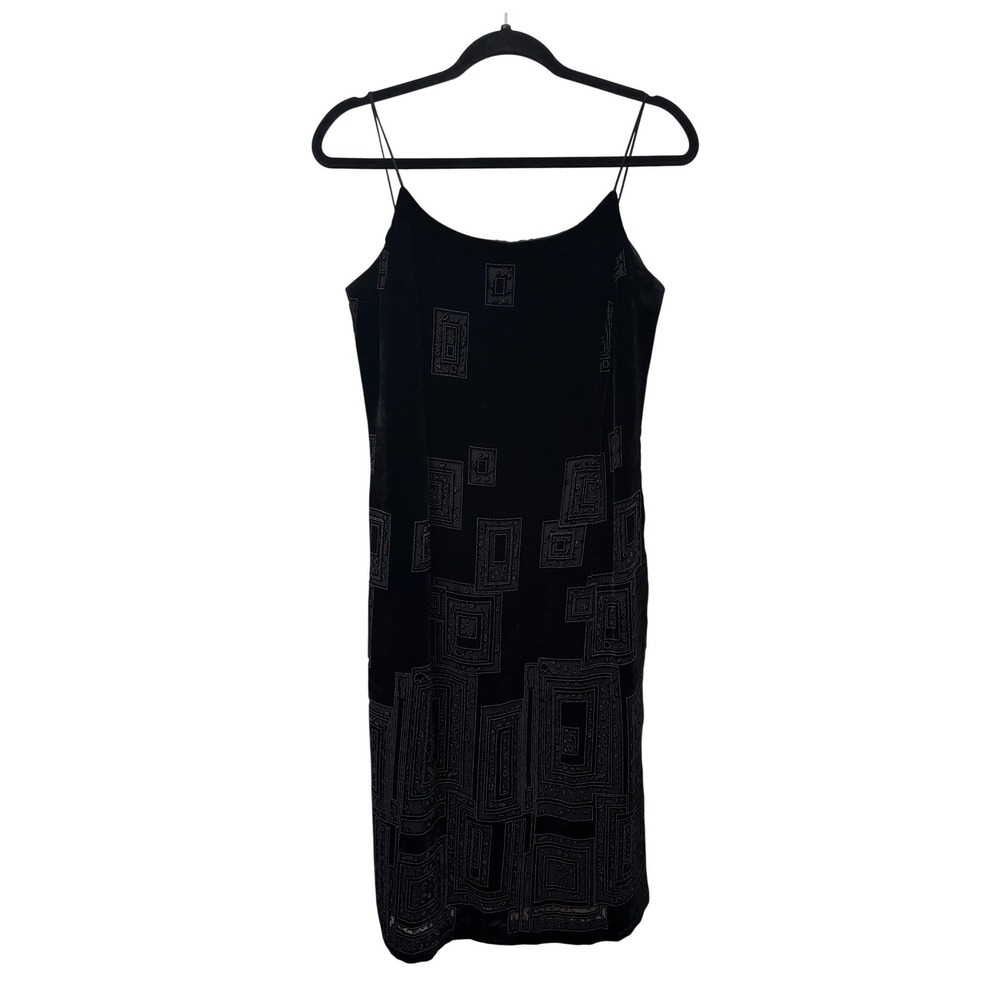 Y2K Linea Domani Black Velvet‎ Geometric Midi Slip Sheath Dress Womens 8
